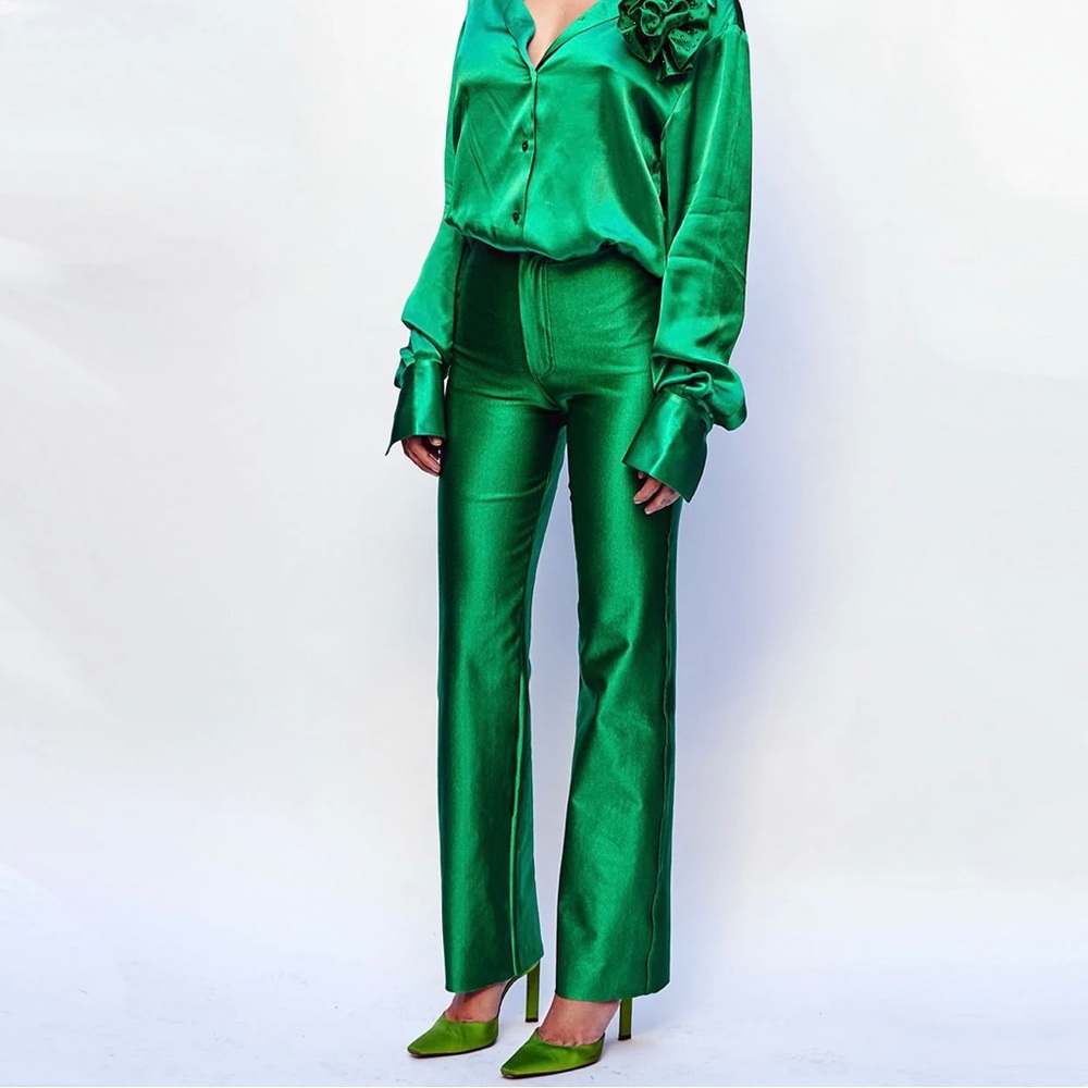 High-Rise Green Satin Straight Leg Pants